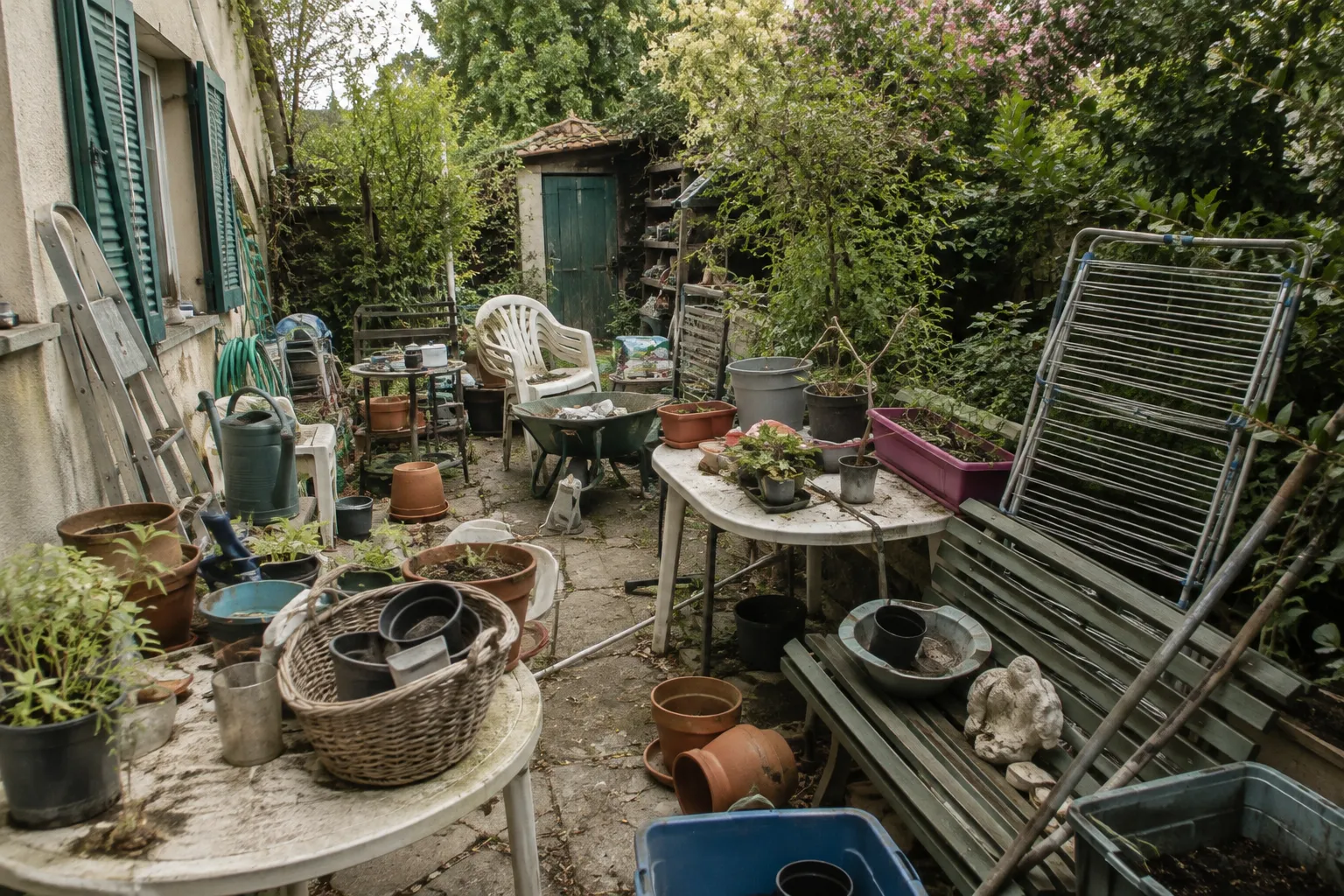 Garten mit Möbeln, Gartengeräten und verschiedenen Gegenständen