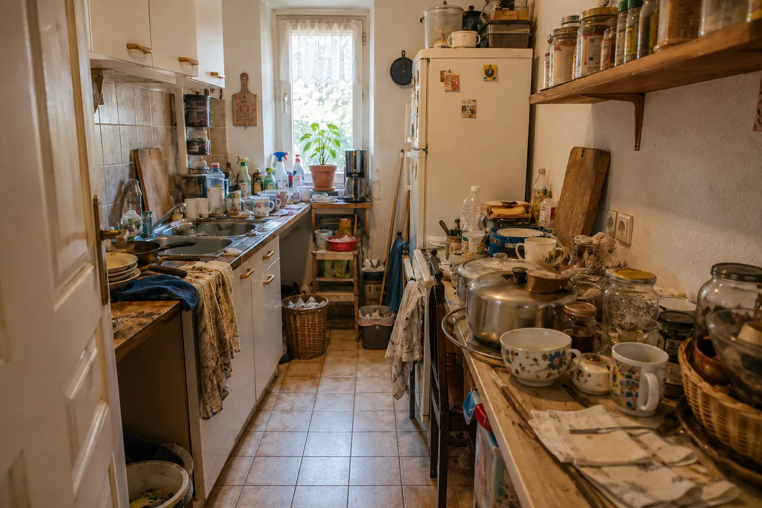 Küche mit Geschirr und Hausrat vor einer Wohnungsräumung