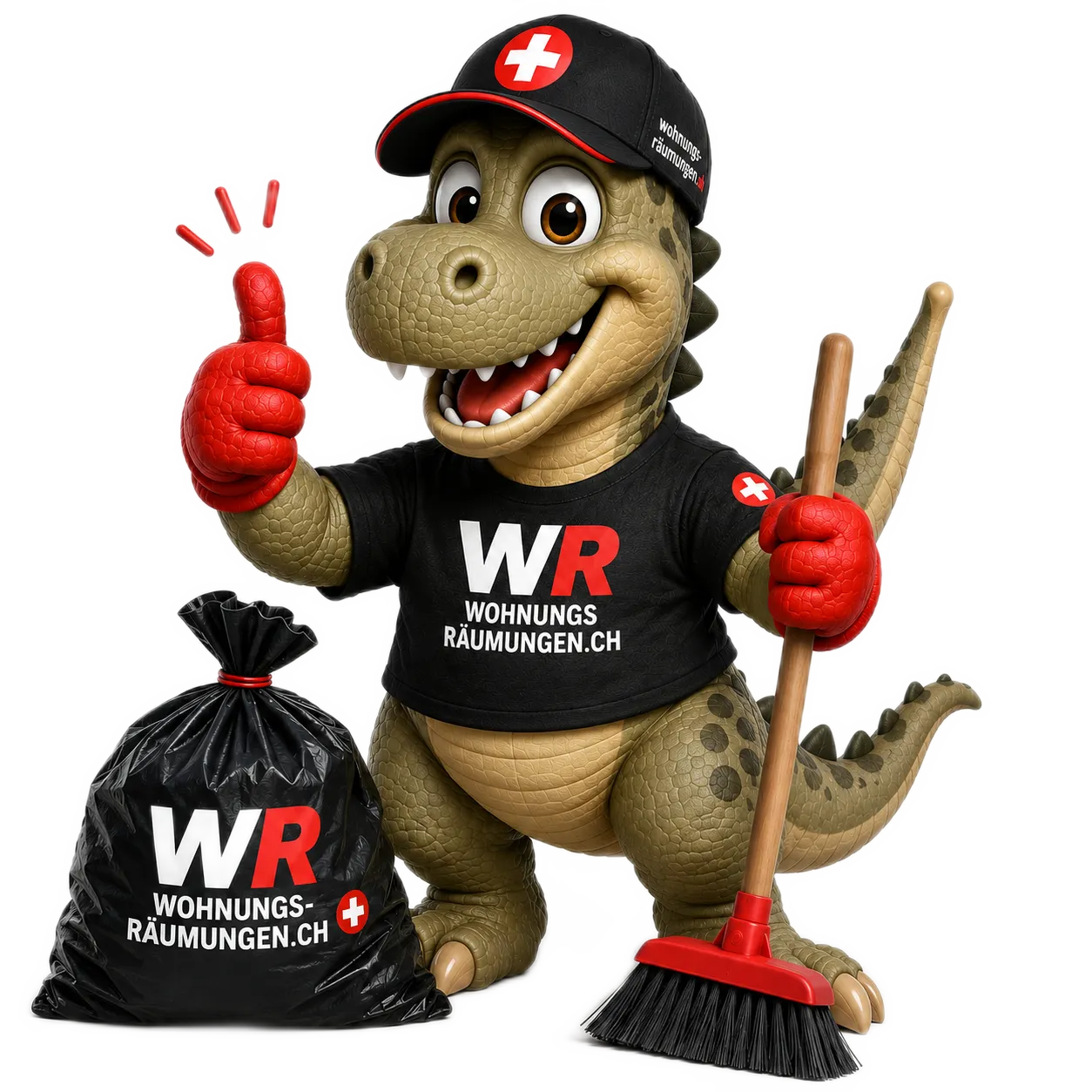 WR-Dino mit Besen und Müllsack für Tipps rund um Wohnungsräumungen